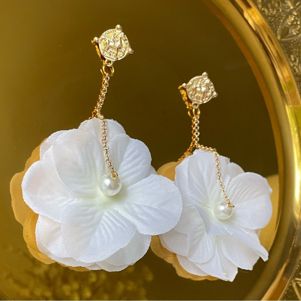 White Flower Petal Drop Earrings